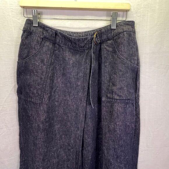 Poetry Blue Faux Wrap 100% Linen Wide Leg Chambray Cropped Culotte Pants Size 8 - Picture 2 of 12